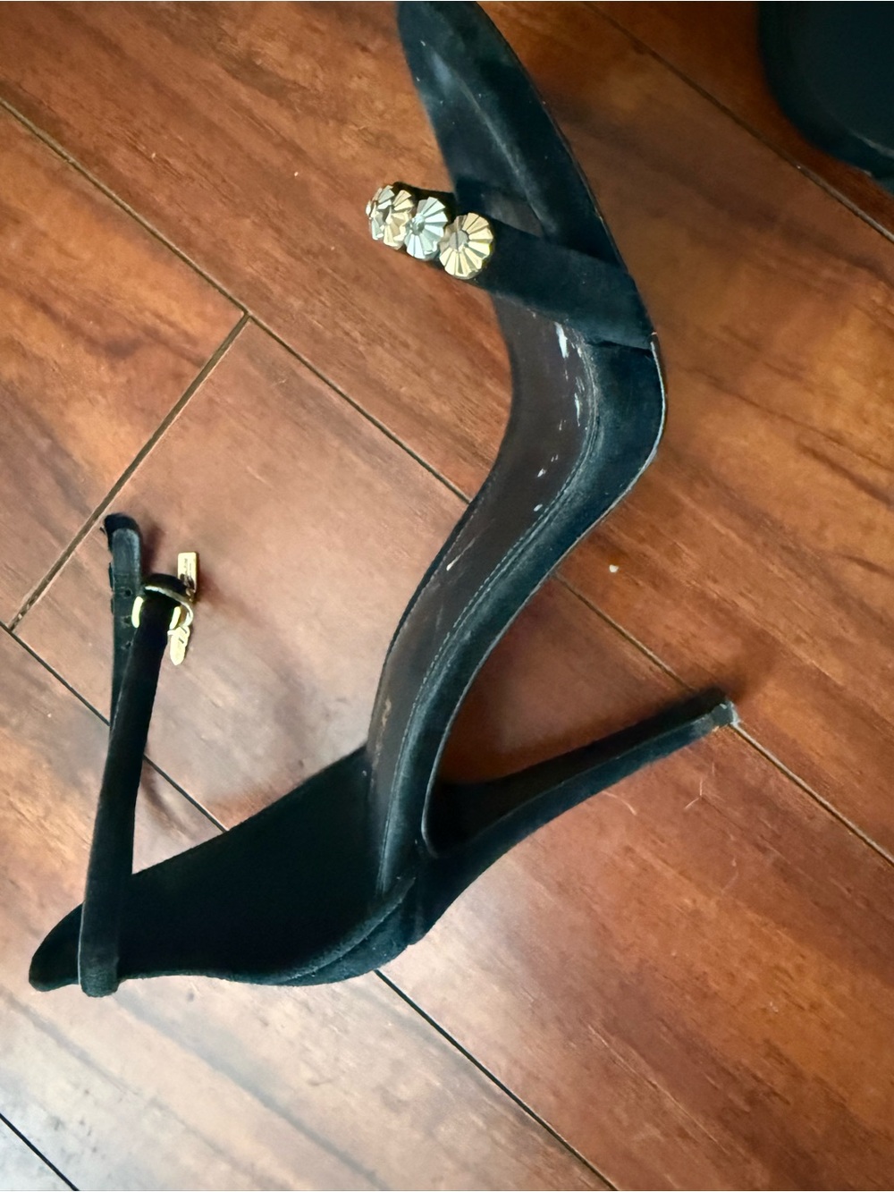 Coach Black Suede Stiletto Sandals with Gold Floral Studs